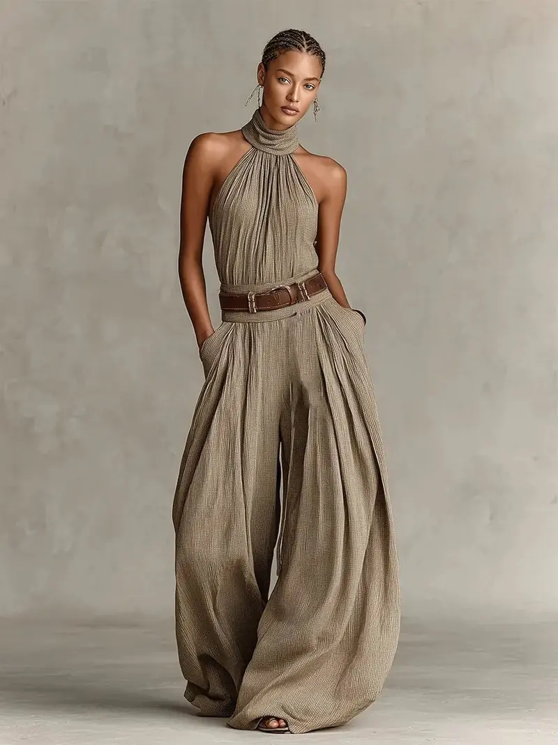 Luisa | Damen Taupe Neckholder Weites-Bein Jumpsuit