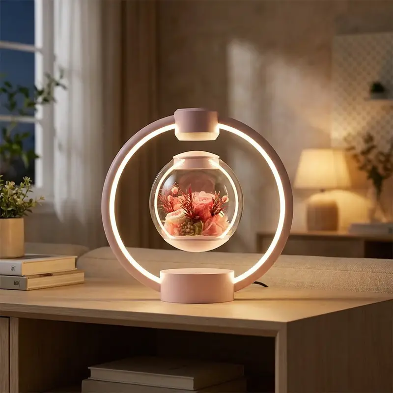 Magnetische tafellamp – bol van glas met bloemen die vrij boven de voet hangt