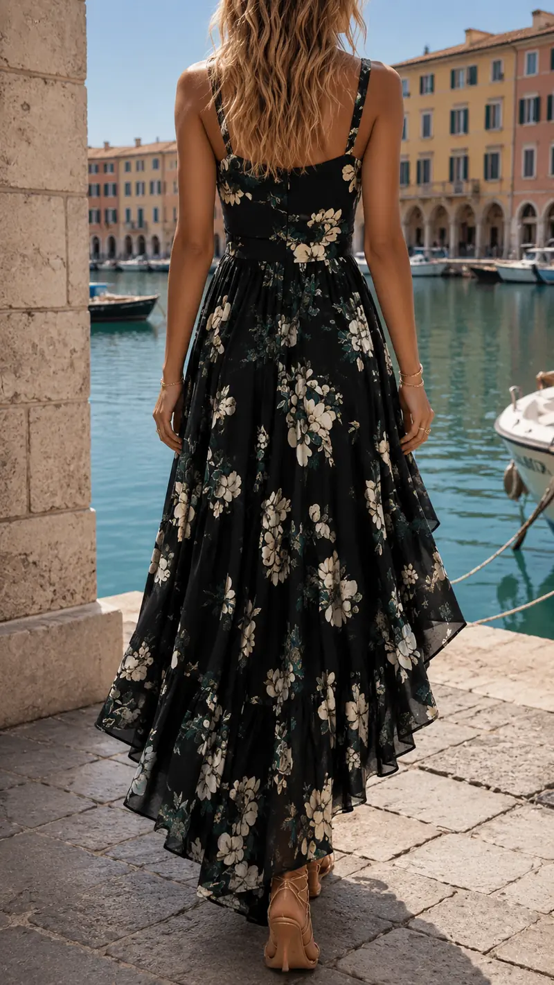 Mandy | Elegantes asymmetrisches Maxikleid mit Blumenmuster