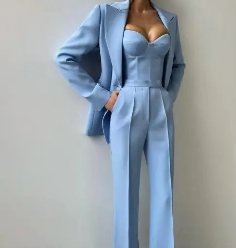 Marlene | Damen Dreiteiler Blazer-Set mit Korsett-Top und Schlaghosen