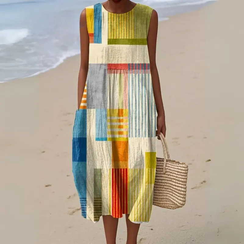 Marlene | Maxi Kleid Ärmellos Geometrisch Muster Baumwolle