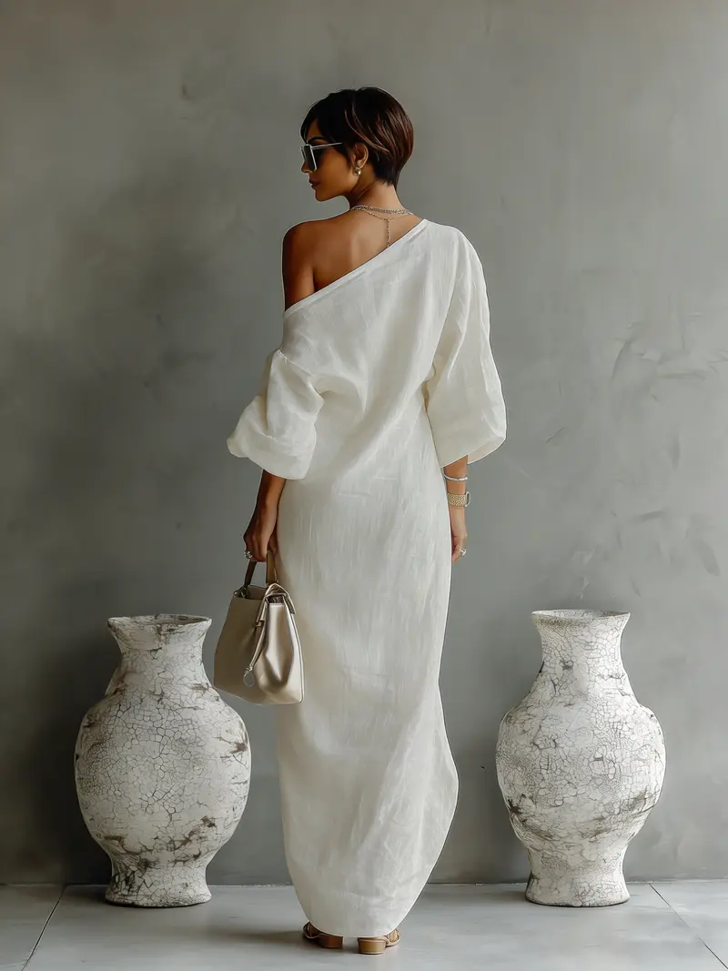 Maxi Kleid Damen | One-Shoulder Design mit Volumen-Ärmeln