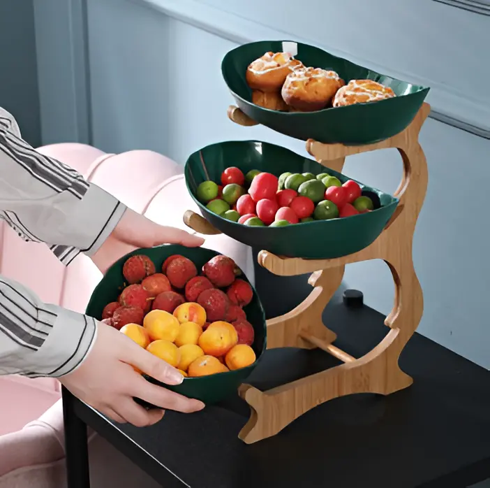 Mehrstöckige - Obstschale mit Holz-Halter
