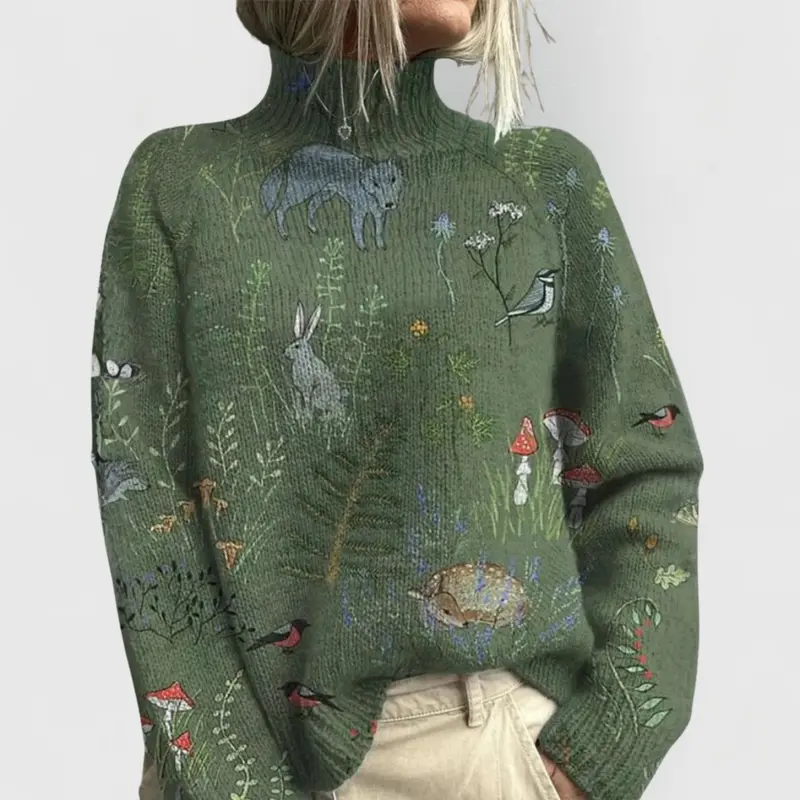 Mia | Damen Rollkragen-Pullover mit Blumenmuster Relaxed-Fit Strickoberteil