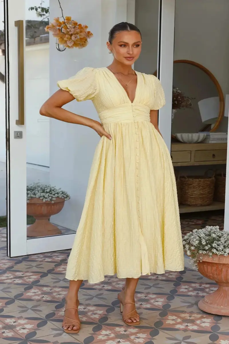 Midikleid Damen | Romantisches Puffärmel-Kleid mit Smok-Taille