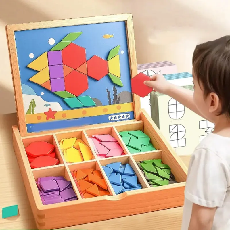 Mozaïekpuzzel Hout – Magnetisch Legspel met Vormen en Voorbeeldkaarten