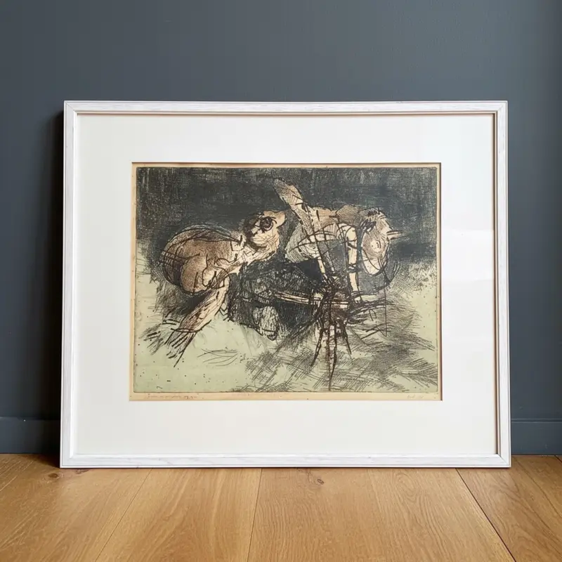 Nederlandse Ets van een springende kikker 1970 gesigneerde en genummerde prent
