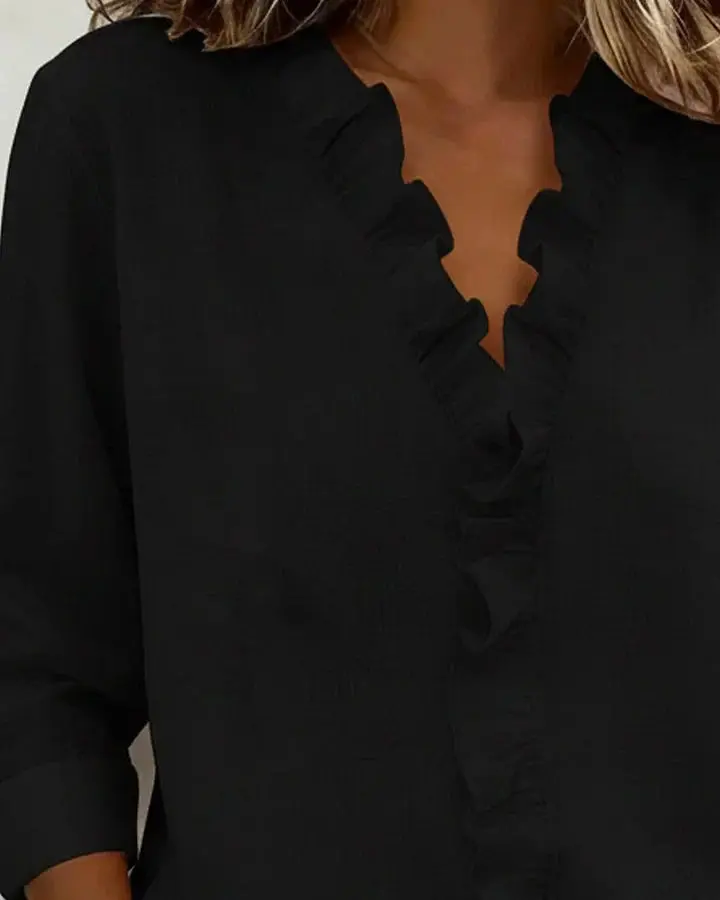 Nicole | Damen Bluse V-Ausschnitt Lange Ärmel Rüschen – Romantische Rüschen Bluse