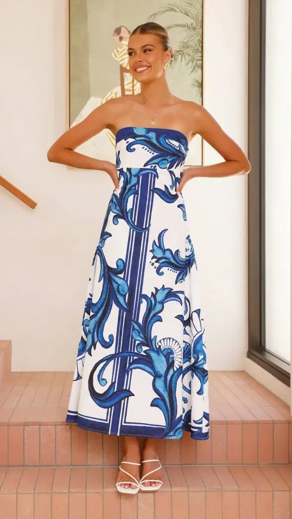 Nora | Damen Trägerloses Vintage-Print Maxi-Kleid mit Boho-Muster