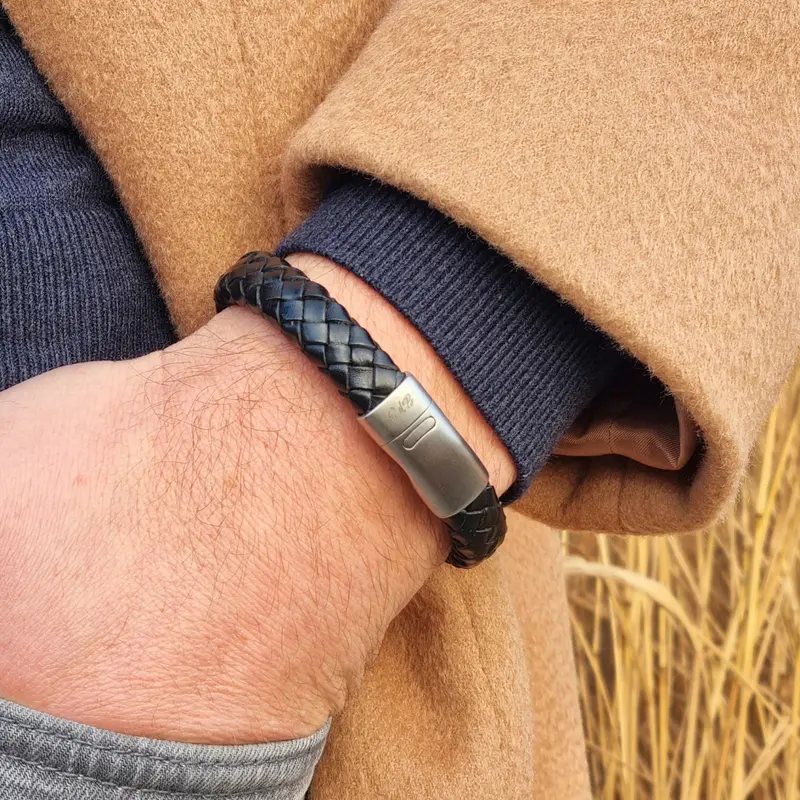 Onyx Black Zwarte Leren Herenarmband - Gevlochten - RVS sluiting