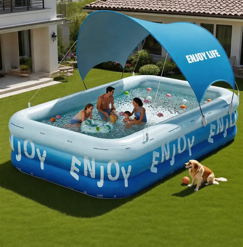 Opblaasbaar zwembad – Zomers tuinbad met schaduwkap en stevige PVC-constructie