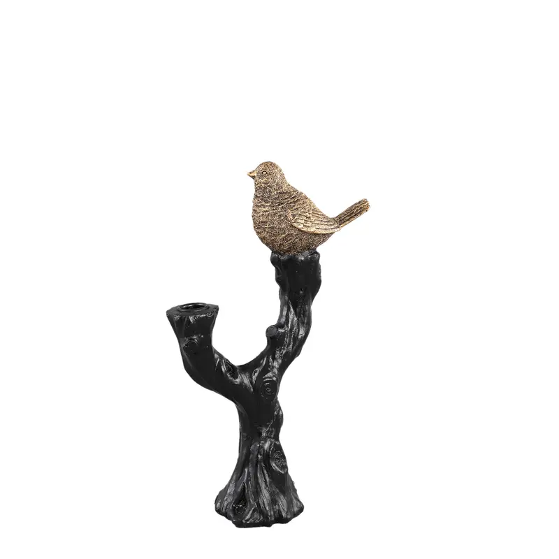 PTMD Rezza Black metal kandelaar met gouden vogeltje