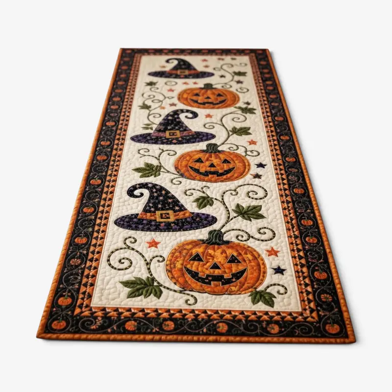 PumpkinDecor - Halloween-Tischläufer mit Kürbissen und Hexenhüten