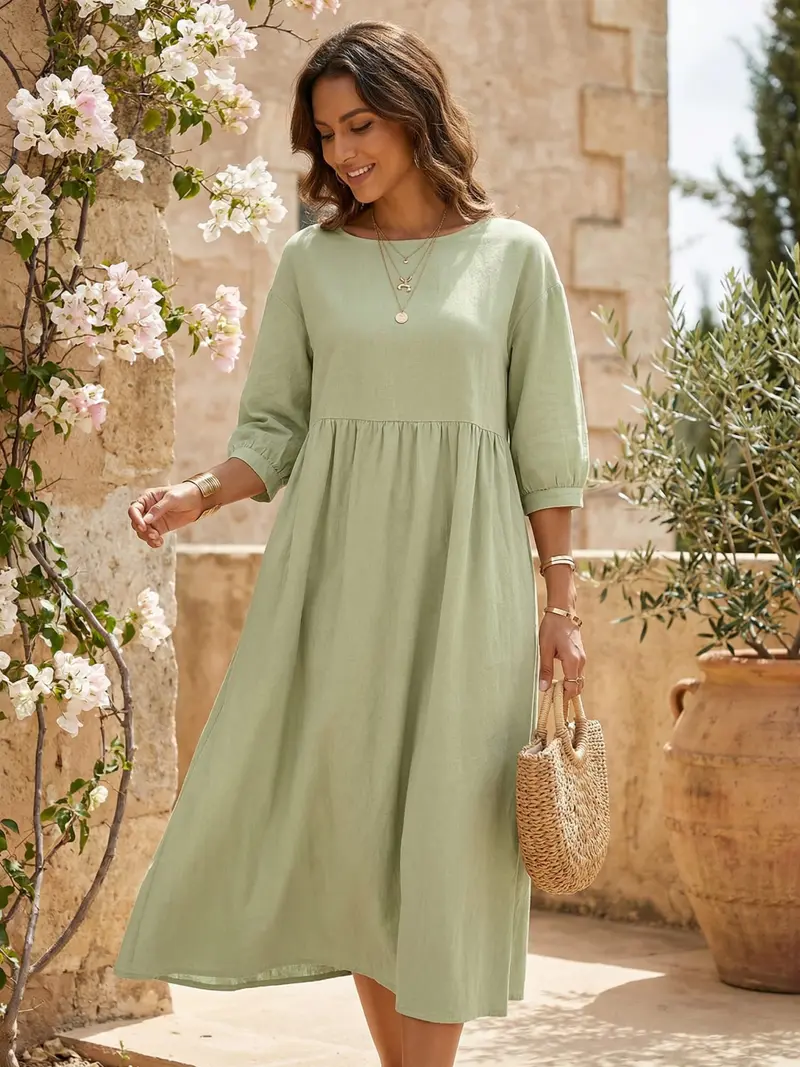 Quirina | Damen Midikleid Rundhals Laternenärmel – Midi Laternenärmel Kleid