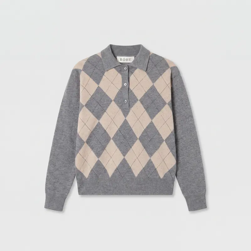 Róhe Argyle Mouliné Poloshirt Grey/ Oat Check