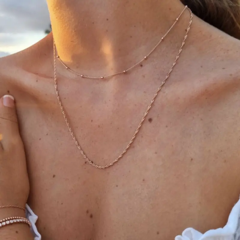 Rosé gold plated zilveren kettingenset dames – Singapore & Bolletjesketting