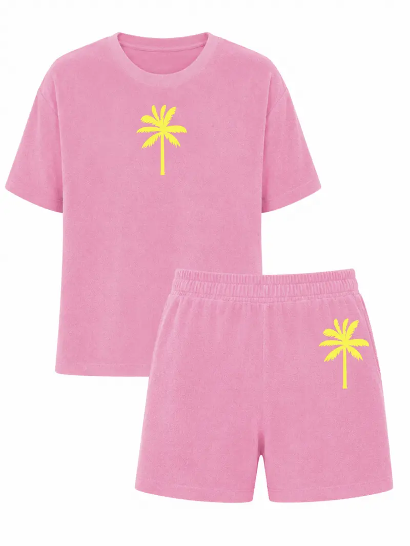 Set Badstof Palmtree Neon Yellow Velvet Pink
