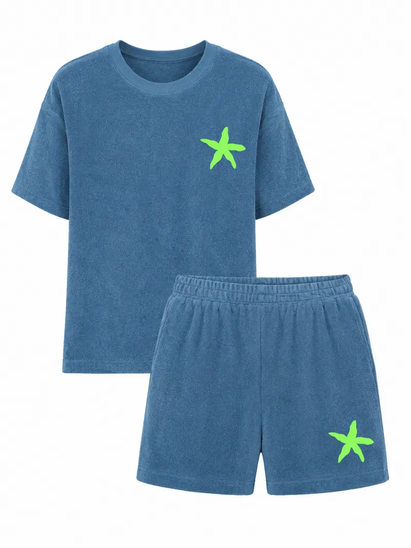 Set Badstof Starfish Neon Green Velvet  Blue