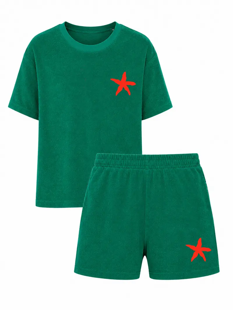 Set Badstof Starfish Neon Red Velvet Green