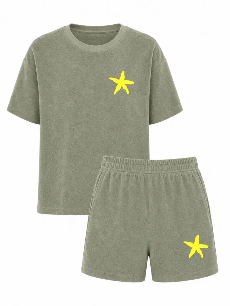 Set Badstof Starfish Neon Yellow Velvet Sage Green
