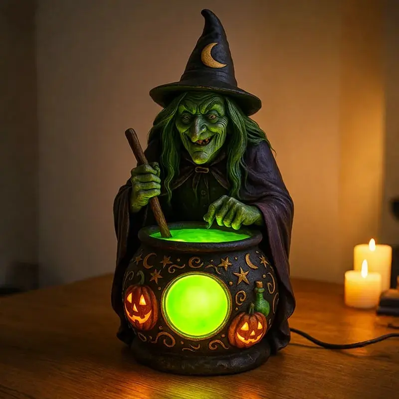Sfeerlamp heksenketel – gegoten hars van 15 cm met groen licht op usb