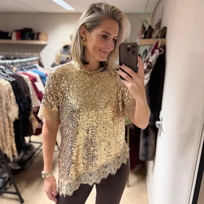 Shirt Lena Schuin Paillet Kant Goud