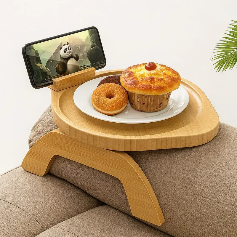 Side Table for Armrest – Solid Pine, Natural, for the Living Room or Apartment, with Phone Holder
