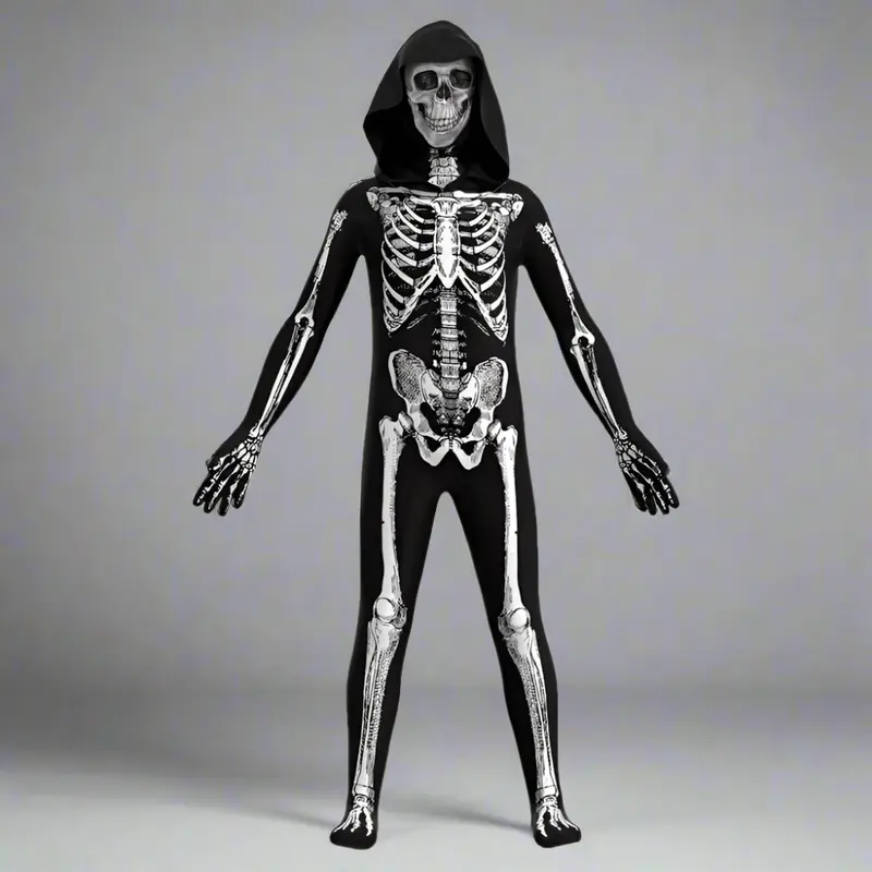 Skeletpak – strakke jumpsuit met rugrits en schedelmasker erbij