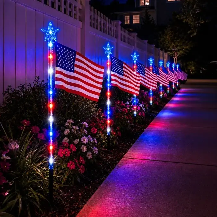Solar padverlichting met vlag – rood-wit-blauwe lampjes met sterren en strepen