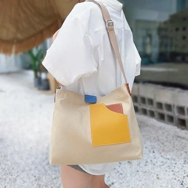 Sophia | Modernes Farbblock PU-Leder Canvas Tragetasche