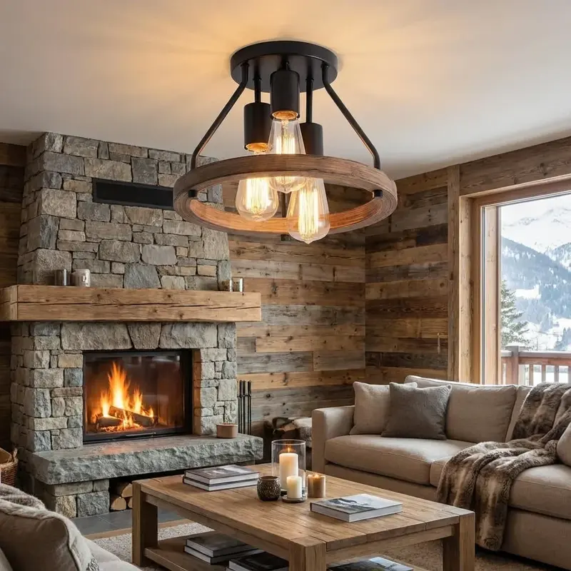 Spotlamp voor het plafond – houten ring met drie draaibare spots van mat metaal