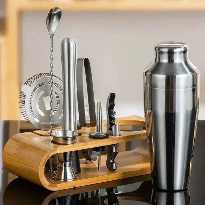 Stainless Steel Cocktail Set with Bamboo Stand
