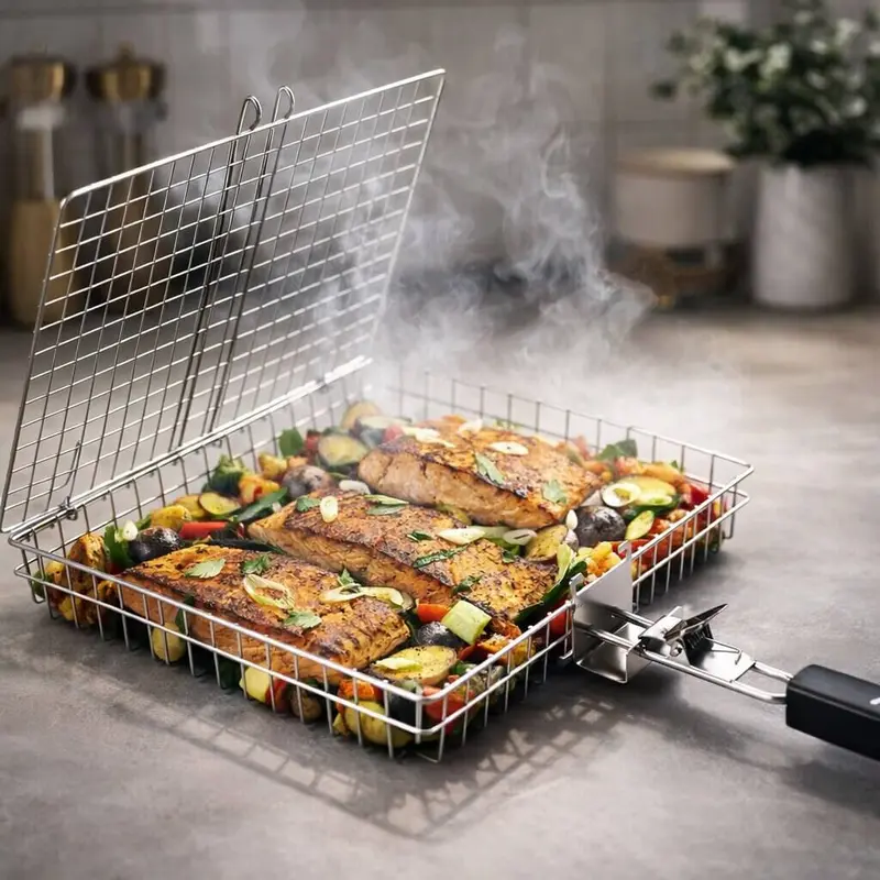 Stainless Steel Grill Basket – Wire Rack for Fish and Vegetables on the Barbecue