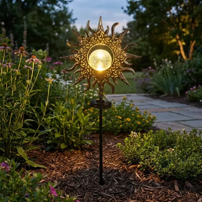 Tuinprikker met zonnelamp – ijzeren vorm die warme lichtpatronen werpt
