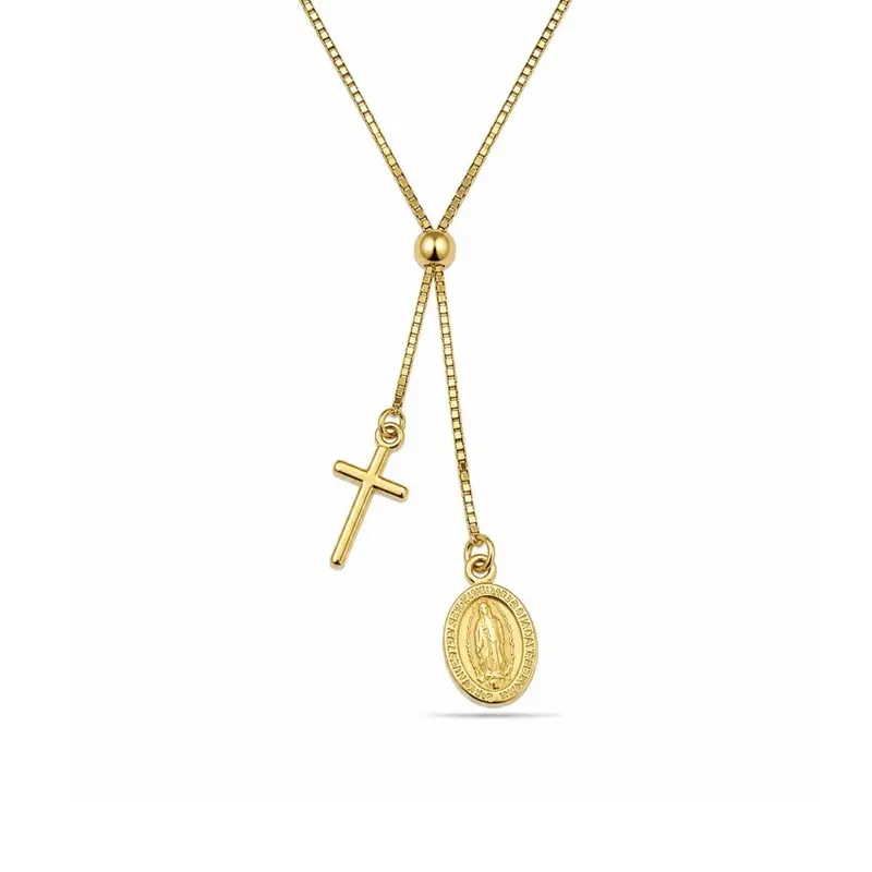 Vergulde ketting met kruis en Maria bedel