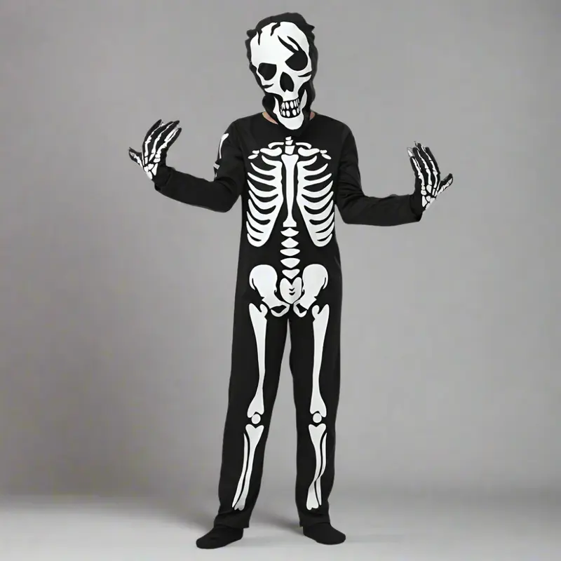 Verkleedoverall met skeletprint – gloeit na in het donker, met capuchon