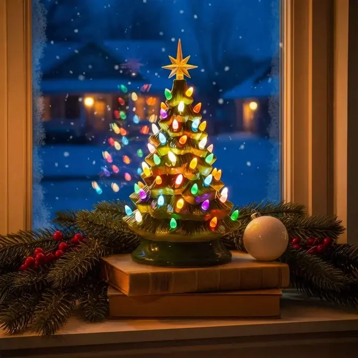 Verlicht kerstboompje – retro tafelmodel met ster en lampjes in de takken