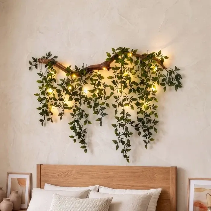 Verlichte bladertak voor aan de muur – groene wanddecoratie met lampjes