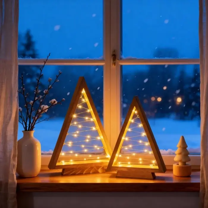 Verlichte kerstboompjes van hout – driehoekige tafelset met sterlichtjes