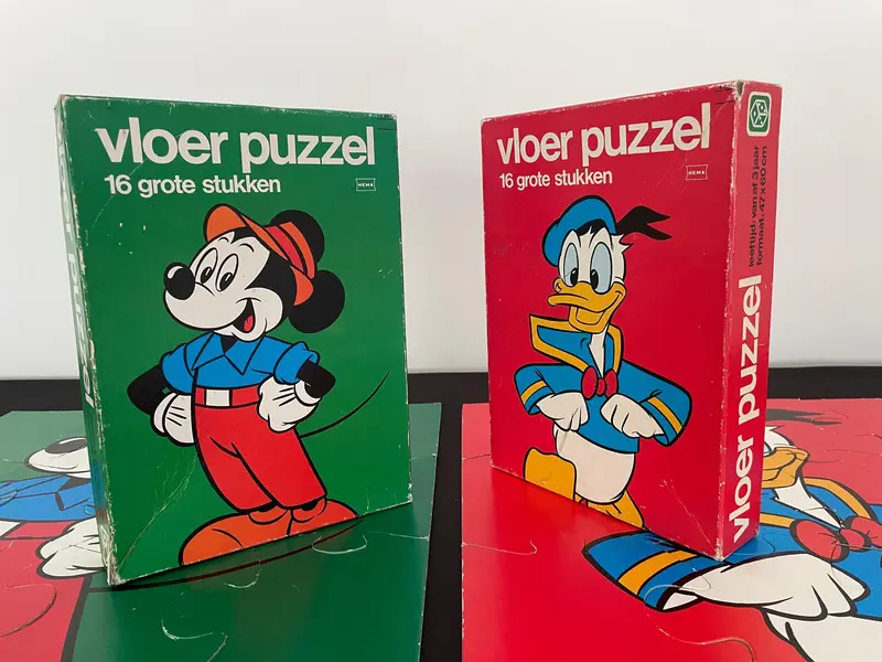 Vintage Disney Mickey Mouse en Donald Duck Vloerpuzzels van HEMA uit de Jaren 80