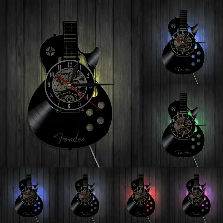 Vinyl Gitaar Wandklok – Uniek Design met Optionele LED Verlichting voor Muziekliefhebbers