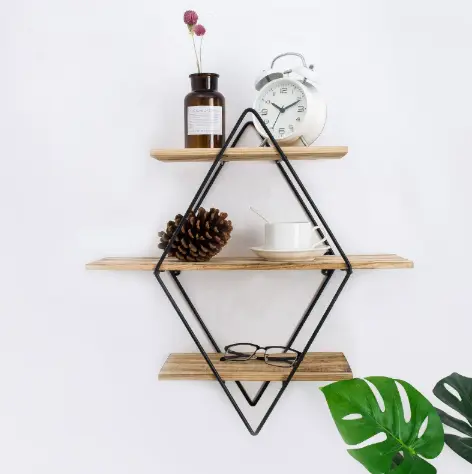 Wall Shelf – Black Metal and Natural Wood, Modern Three-Tier Design for the Living Room or Office