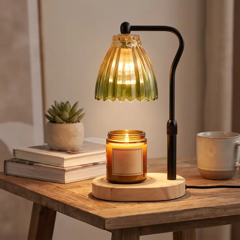 Waxbrander met houten voet, glazen kap, dimmer en ingebouwde timer