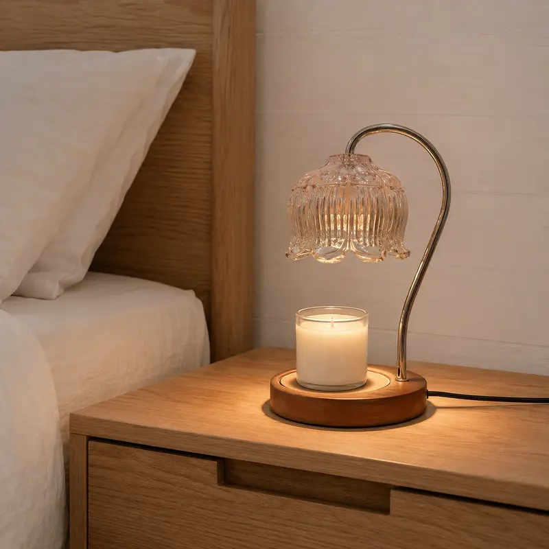 Waxlamp met heldere glazen kap, draaidimmer en gedraaide houten voet