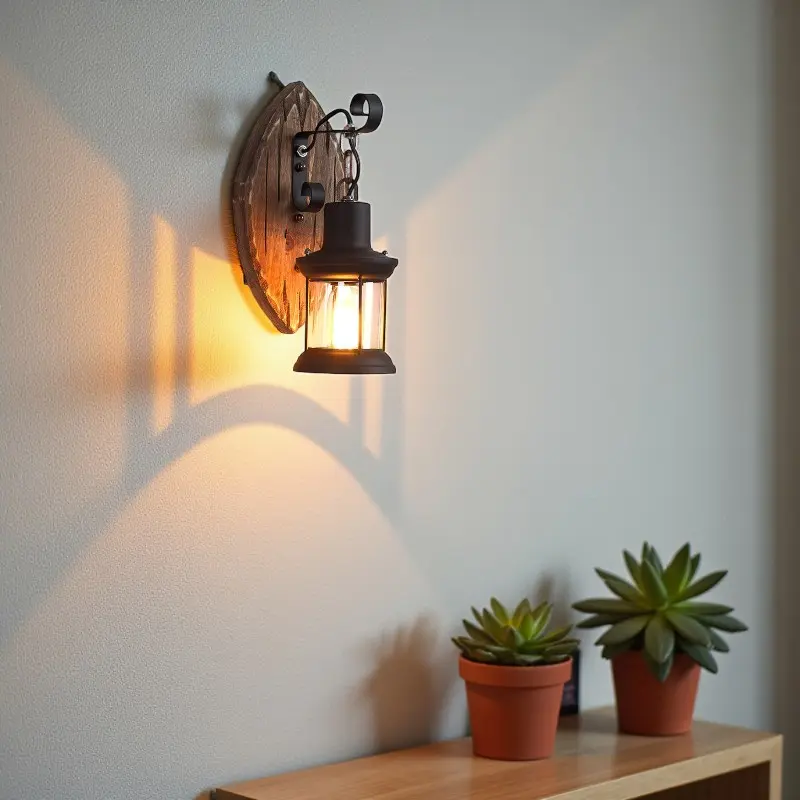 Weatherix - Vintage Holz-Wandleuchte mit Eisenschirm