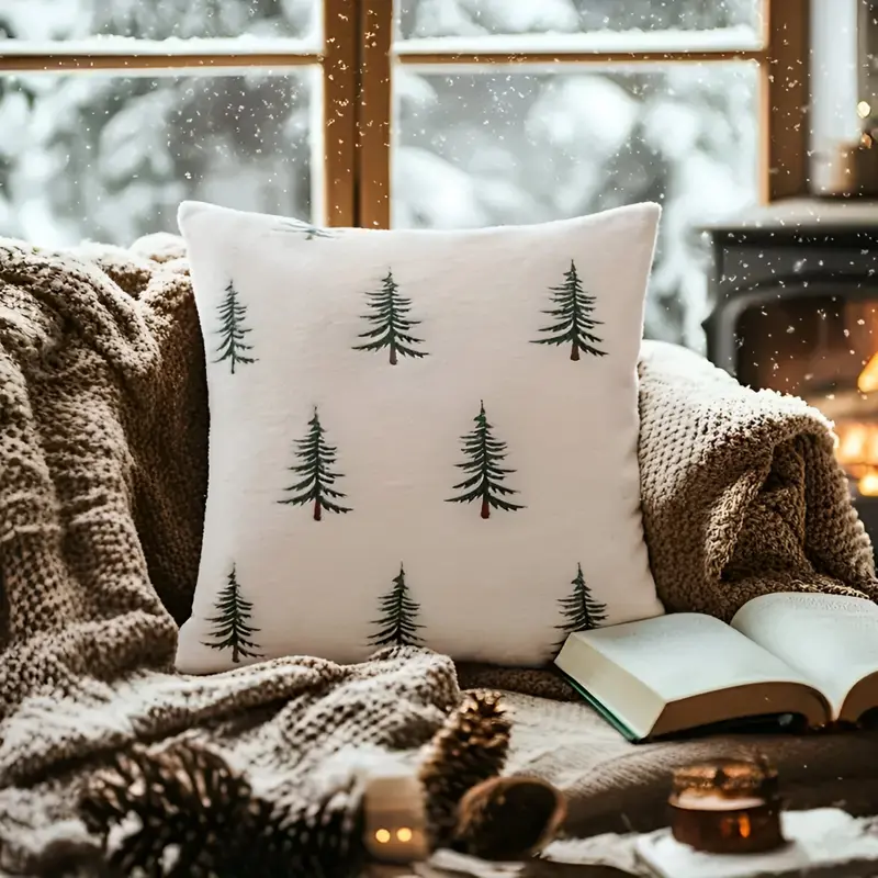 Weihnachts - Kissenbezug Chenille weiß/grün mit