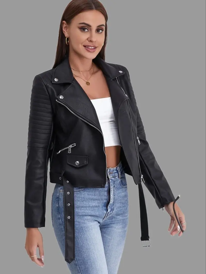 Women's Asymmetrical-Zip Biker Jacket with Quilted Sleeves