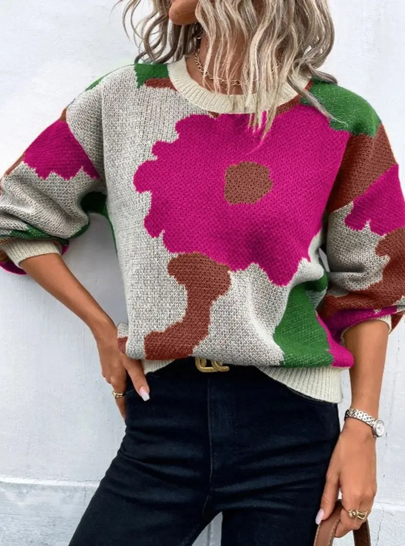 Women's Floral Jacquard Knit Sweater, Loose and Comfortable Fit