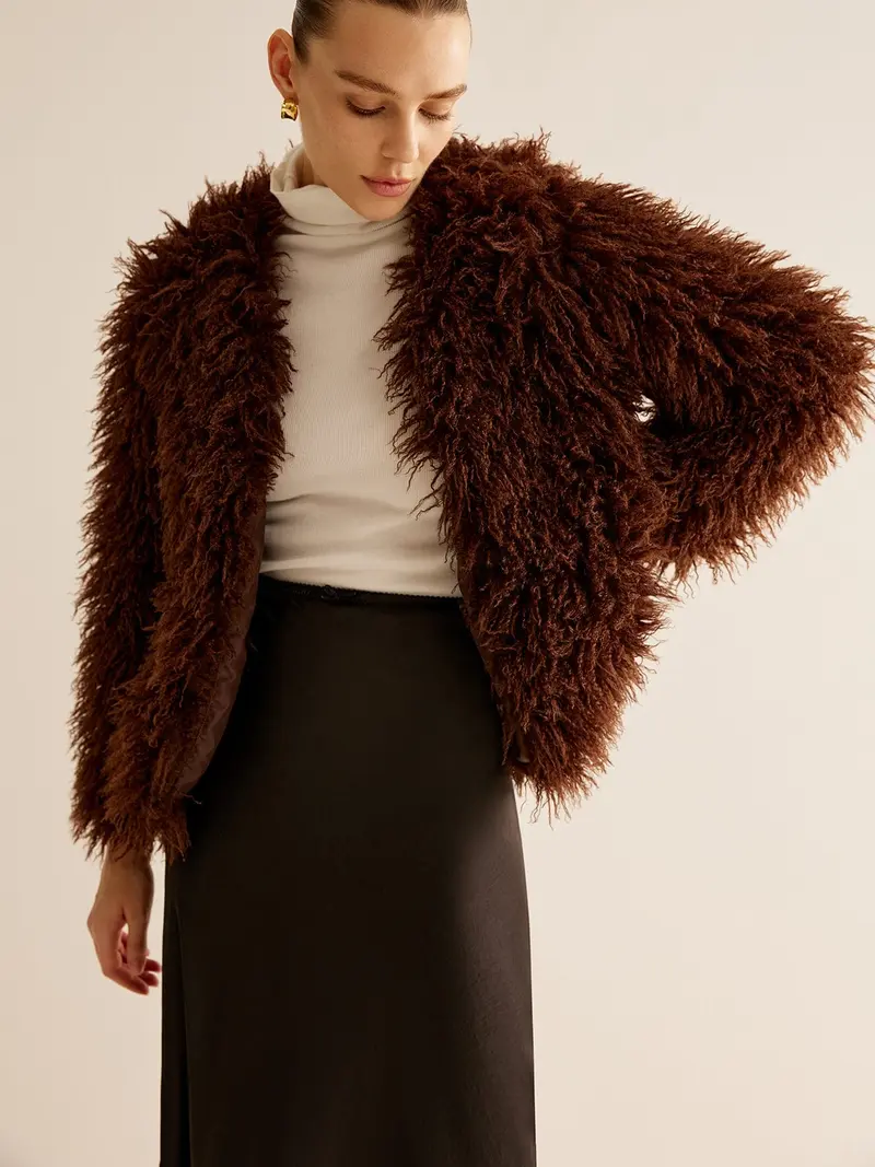 Women's Long Faux Fur Jacket with Long Pile, Loose-Fitting, Open-Front Style