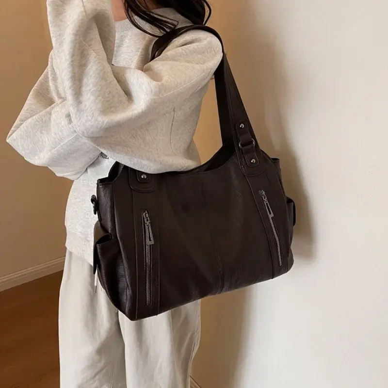 Women's Vegan Leather Shoulder Bag - Structured Design with Multiple Pockets